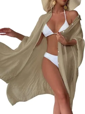 Batwing Sleeve Beach Cover Up Button Front Kimono Bathing Suit Cover Ups