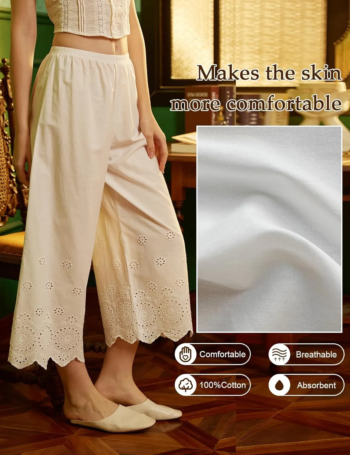 BEAUTELICATE Vintage Cotton Shorts Pettipants Culotte Slip Cropped Sleepwear Pants with Lace Edge