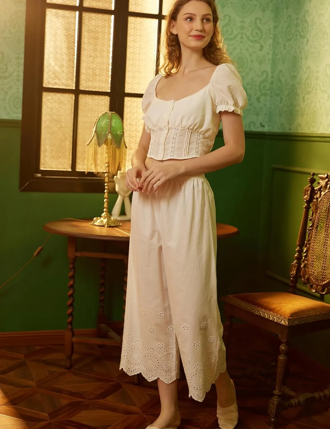 BEAUTELICATE Vintage Cotton Shorts Pettipants Culotte Slip Cropped Sleepwear Pants with Lace Edge