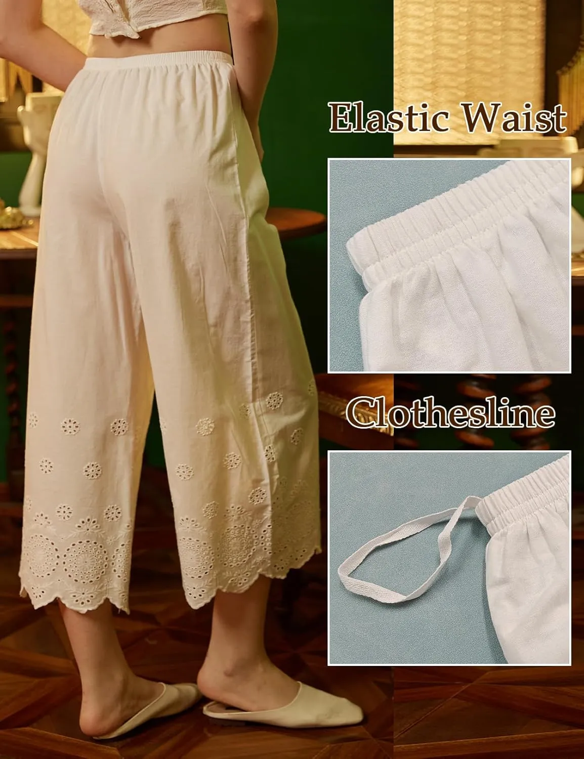 BEAUTELICATE Vintage Cotton Shorts Pettipants Culotte Slip Cropped Sleepwear Pants with Lace Edge