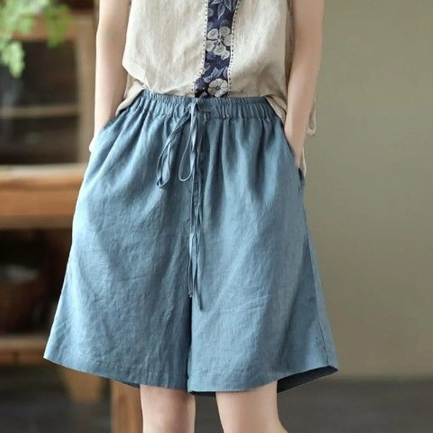 Bermuda Lounge Shorts for Women Knee Length High Waisted Flowy Shorts Drawstring Baggy Summer Short Pants with Pockets