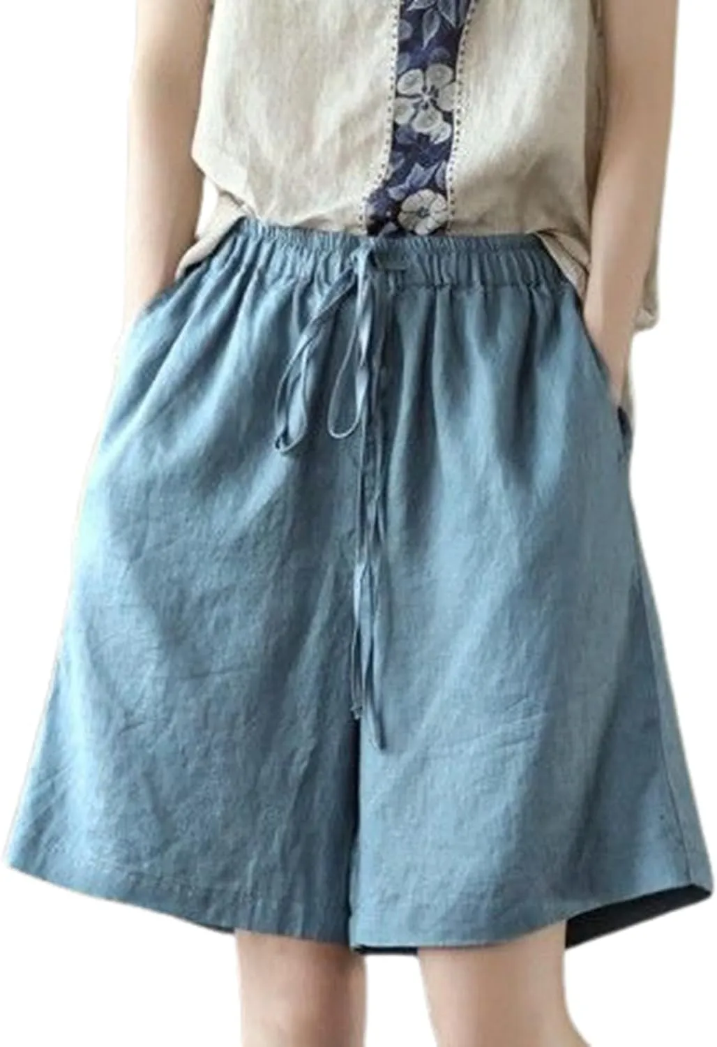 Bermuda Lounge Shorts for Women Knee Length High Waisted Flowy Shorts Drawstring Baggy Summer Short Pants with Pockets