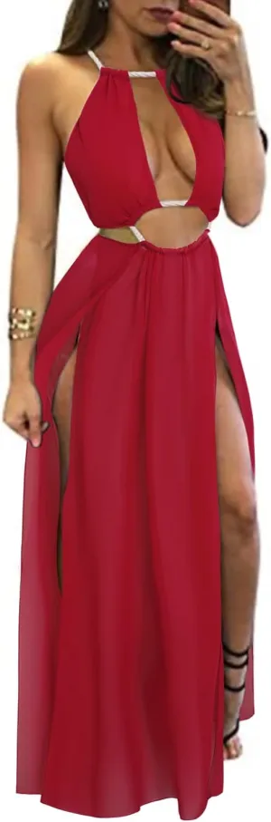 BIUBIU Women's Sexy Boho Floral Halter Summer Maxi Dress Beach Party Split Cover Up Swimsuit Outfit 2024 (Red,S)