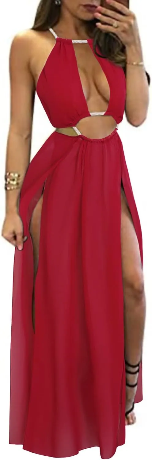 BIUBIU Women's Sexy Boho Floral Halter Summer Maxi Dress Beach Party Split Cover Up Swimsuit Outfit 2024 (Red,S)