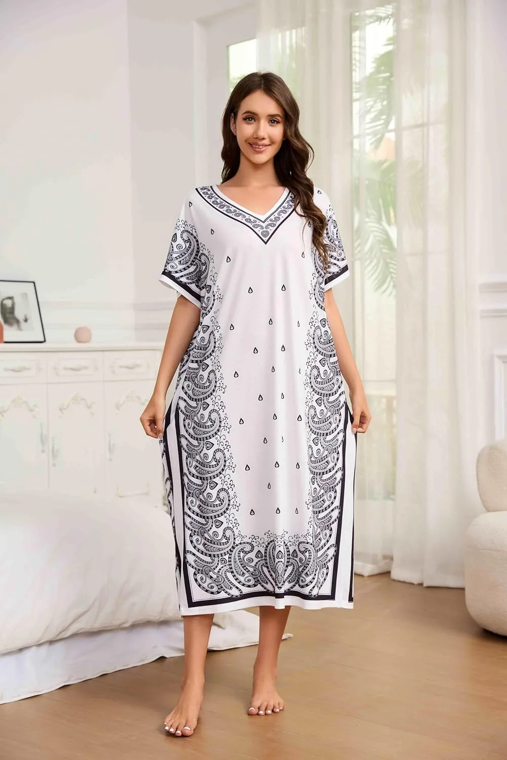 Bloggerlove Women Nightgowns Long Caftan V-Neck Short Sleeve House Dress Cotton Sleepwear with Pockets