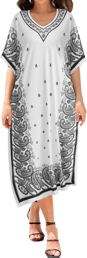 Bloggerlove Women Nightgowns Long Caftan V-Neck Short Sleeve House Dress Cotton Sleepwear with Pockets