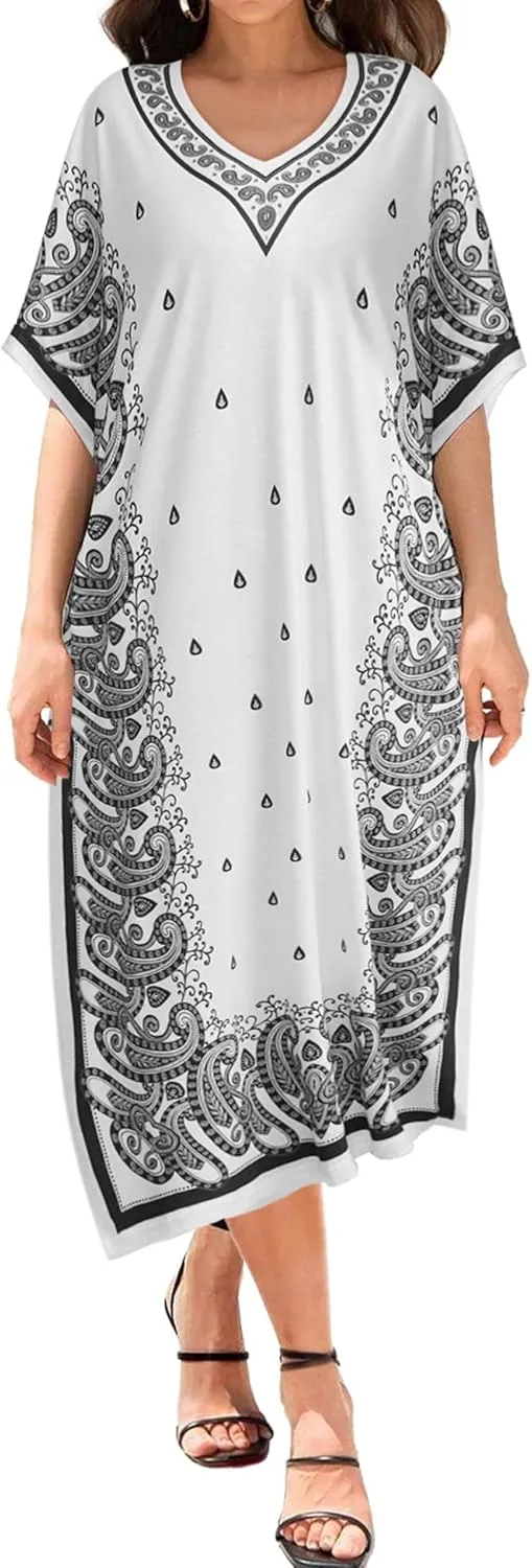 Bloggerlove Women Nightgowns Long Caftan V-Neck Short Sleeve House Dress Cotton Sleepwear with Pockets