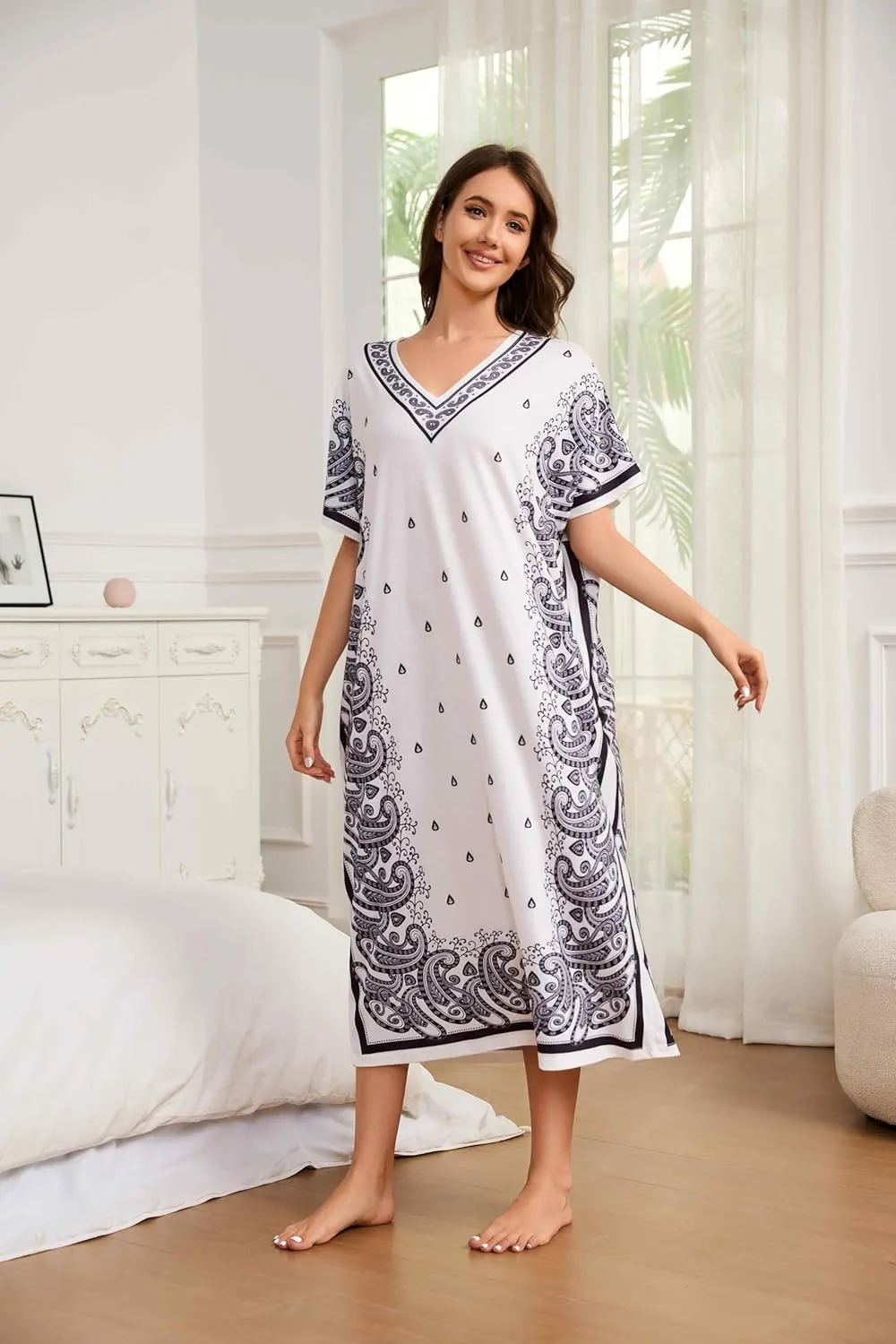 Bloggerlove Women Nightgowns Long Caftan V-Neck Short Sleeve House Dress Cotton Sleepwear with Pockets