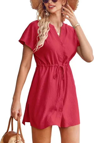 Bluetime Women Swimsuit Cover Ups Button Down Bathing Suit Coverups Beachwear Flowy V Neck Summer Dress
