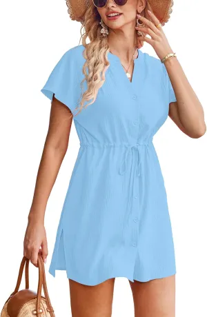 Bluetime Women Swimsuit Cover Ups Button Down Bathing Suit Coverups Beachwear Flowy V Neck Summer Dress