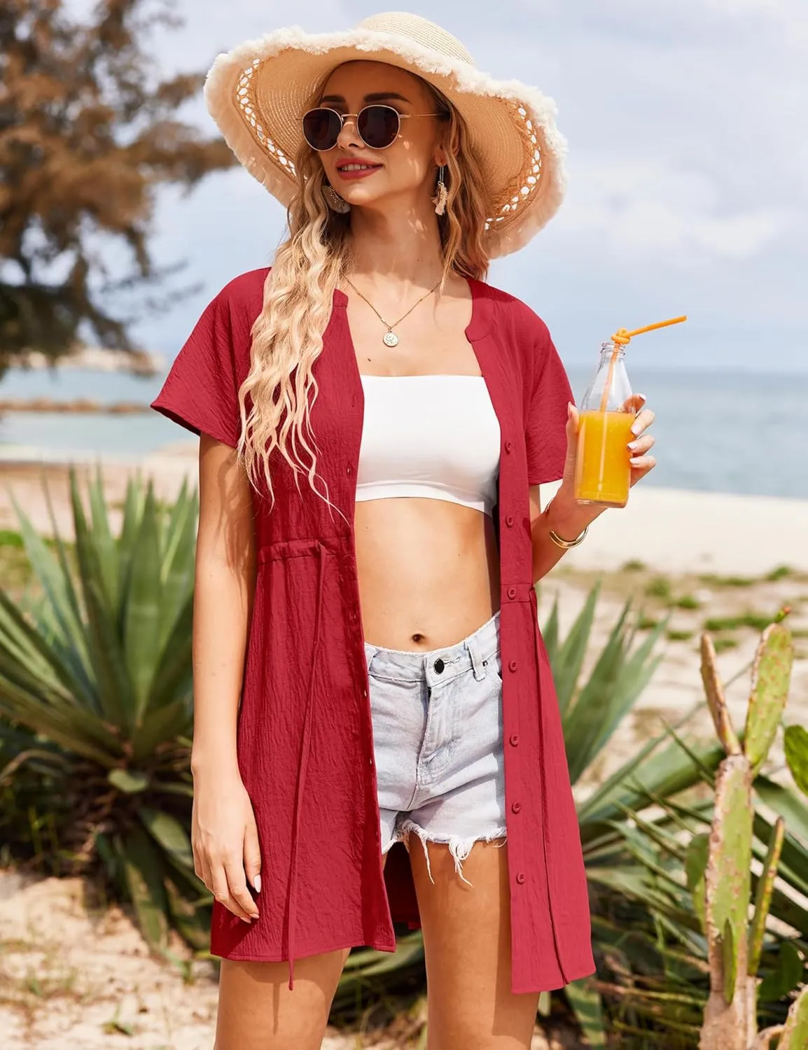 Bluetime Women Swimsuit Cover Ups Button Down Bathing Suit Coverups Beachwear Flowy V Neck Summer Dress