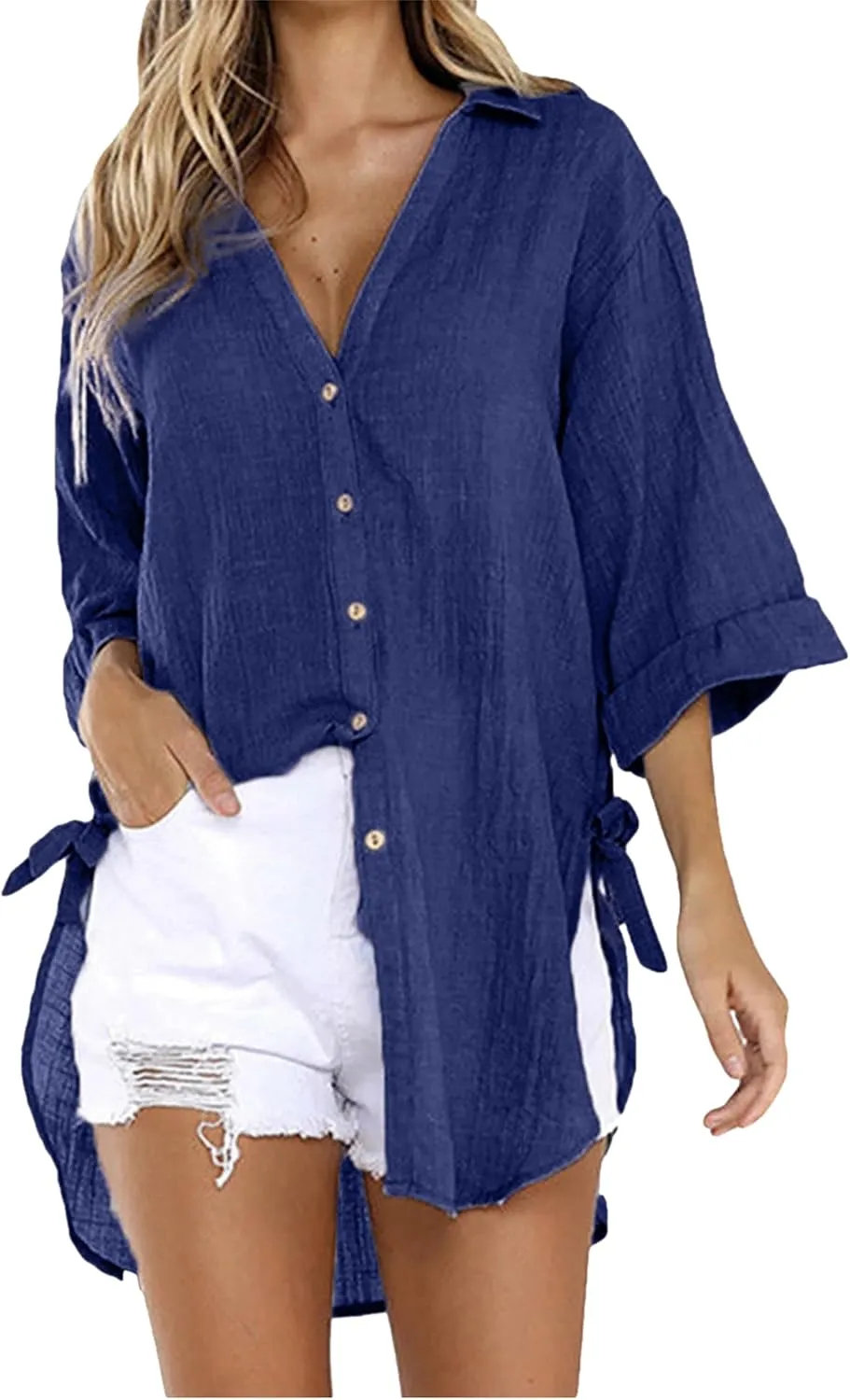 Bozanly Casual V Neck 3/4 Sleeve Button Down Shirts High Low Oversized Summer Beach Blouse Tops for Women