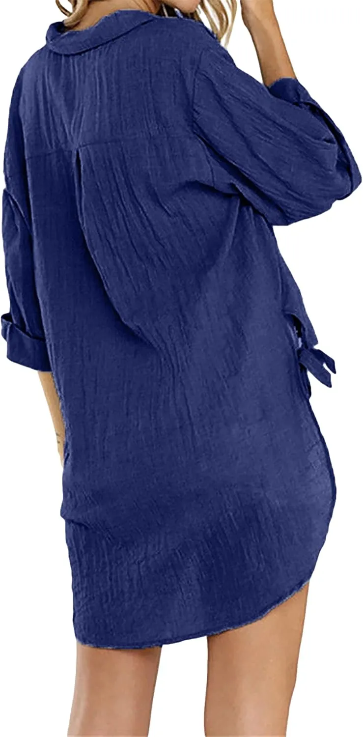 Bozanly Casual V Neck 3/4 Sleeve Button Down Shirts High Low Oversized Summer Beach Blouse Tops for Women