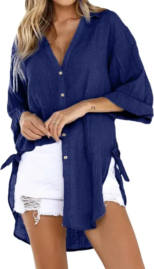Bozanly Casual V Neck 3/4 Sleeve Button Down Shirts High Low Oversized Summer Beach Blouse Tops for Women