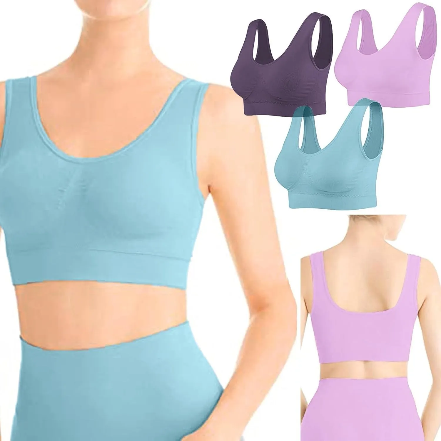 Bras for Women Seamless Padded Bra Wirefree with Removable Yoga Sports Bra Everyday Bralettes 3-Pack