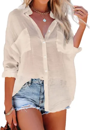 Bsubseach Button Down Swim Cover Up Shirt Sexy Long Sleeve Beach Blouse Bathing Suit Cover Ups for Women