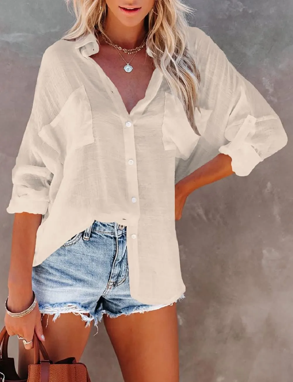 Bsubseach Button Down Swim Cover Up Shirt Sexy Long Sleeve Beach Blouse Bathing Suit Cover Ups for Women