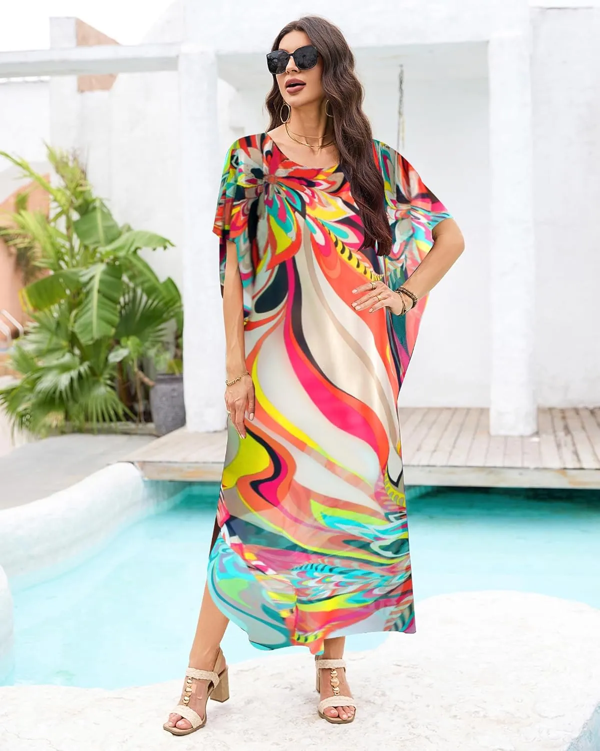 Bsubseach Kaftan Dresses for Women Ethnic Print Beach Dress Summer Swimsuit Cover Ups Tie Dye Long Kimono Dresses