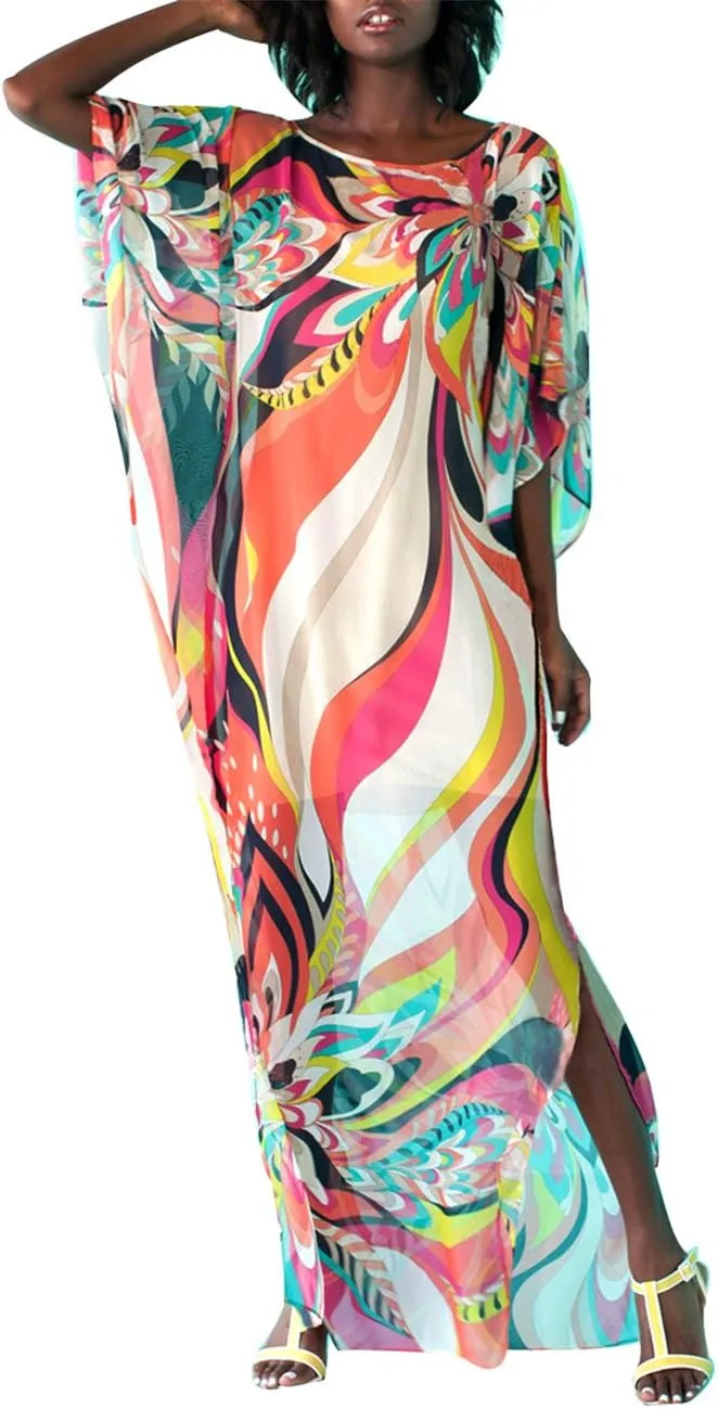 Bsubseach Kaftan Dresses for Women Ethnic Print Beach Dress Summer Swimsuit Cover Ups Tie Dye Long Kimono Dresses