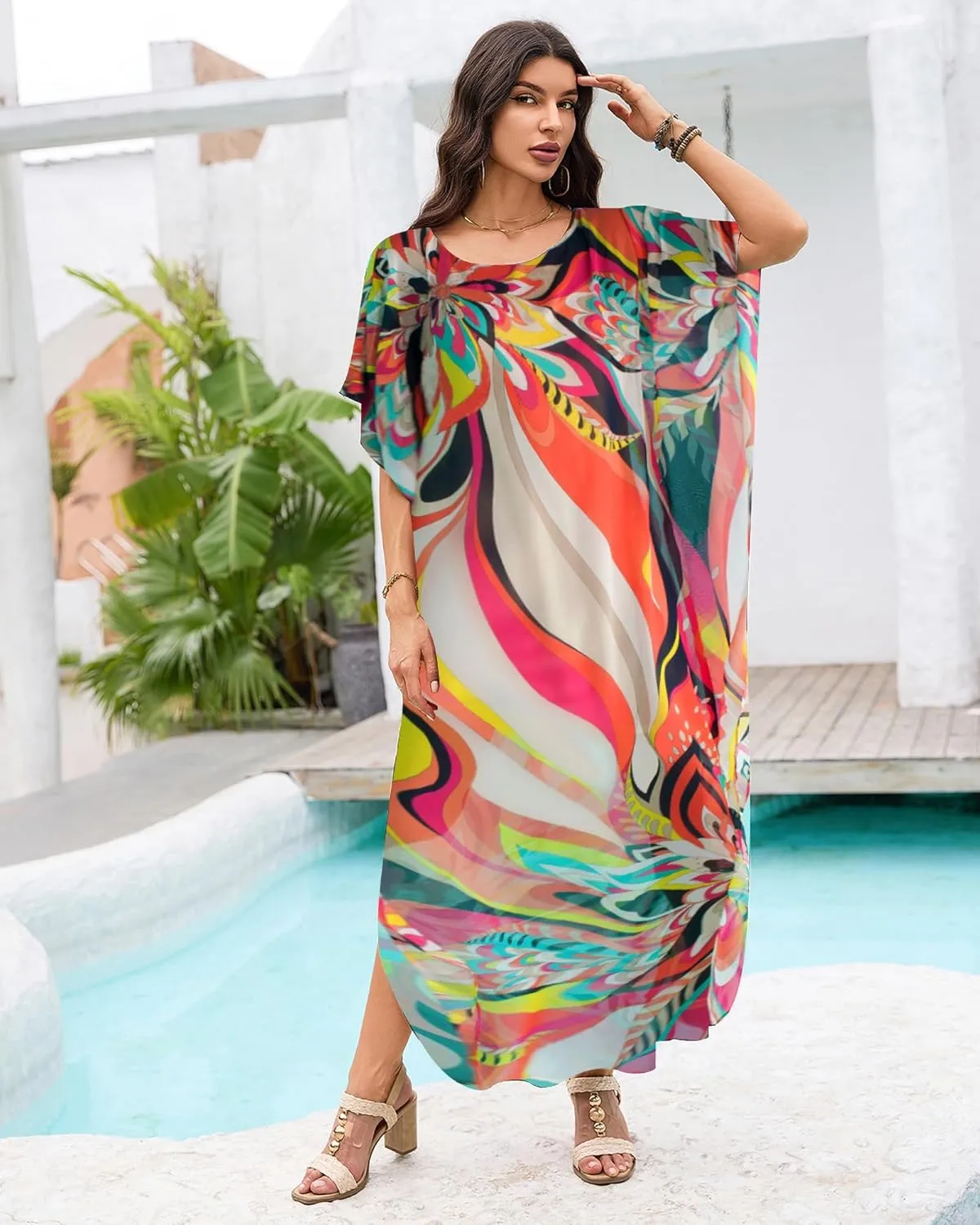 Bsubseach Kaftan Dresses for Women Ethnic Print Beach Dress Summer Swimsuit Cover Ups Tie Dye Long Kimono Dresses