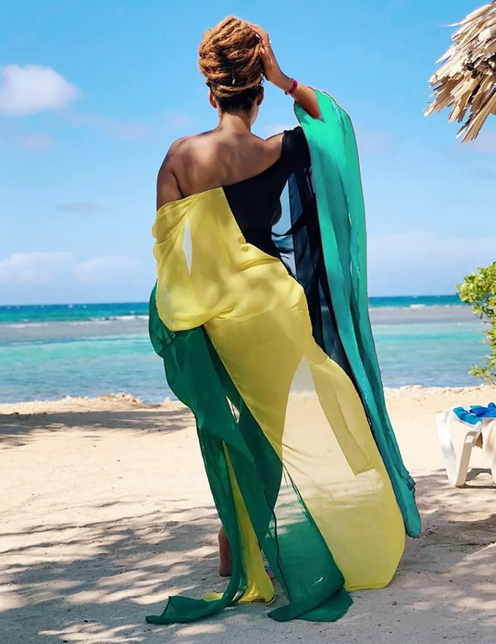 Bsubseach Plus Size Women Chiffon Beach Bikini Cover Up Colorful Splicing Kimono Cardigan