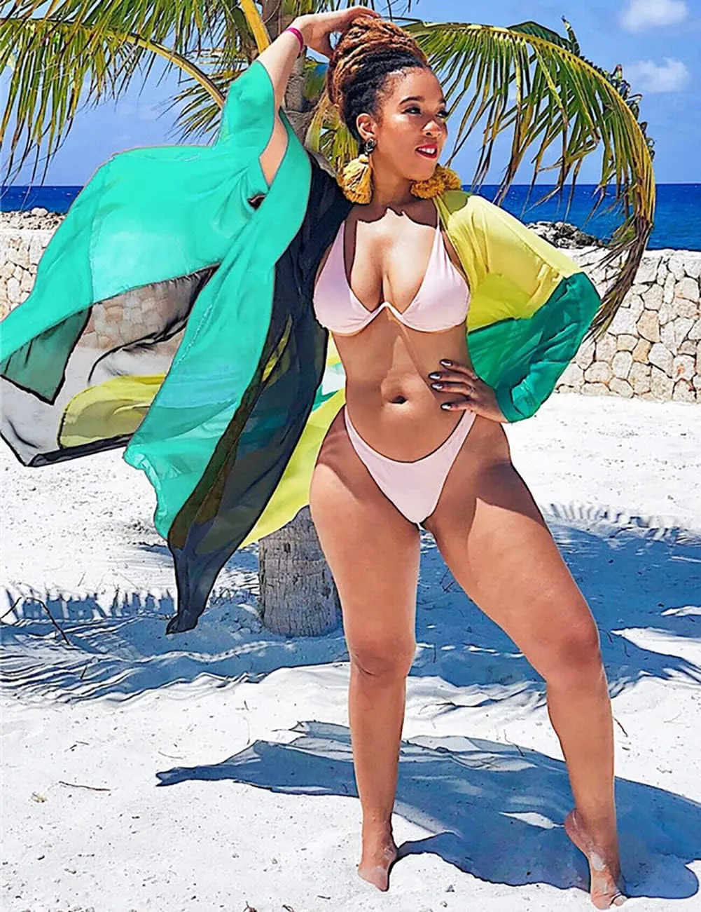 Bsubseach Plus Size Women Chiffon Beach Bikini Cover Up Colorful Splicing Kimono Cardigan
