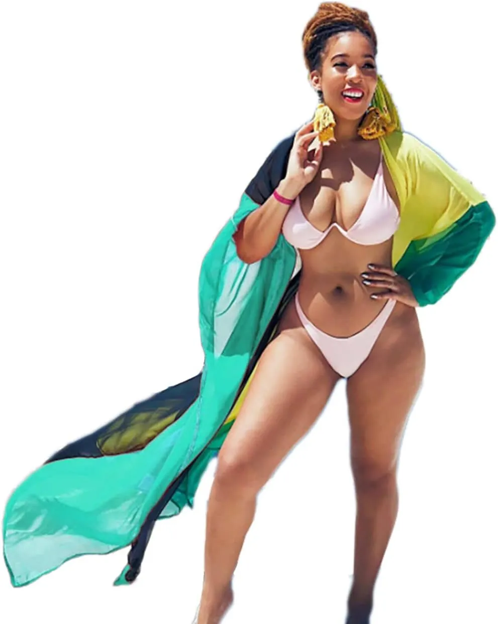 Bsubseach Plus Size Women Chiffon Beach Bikini Cover Up Colorful Splicing Kimono Cardigan
