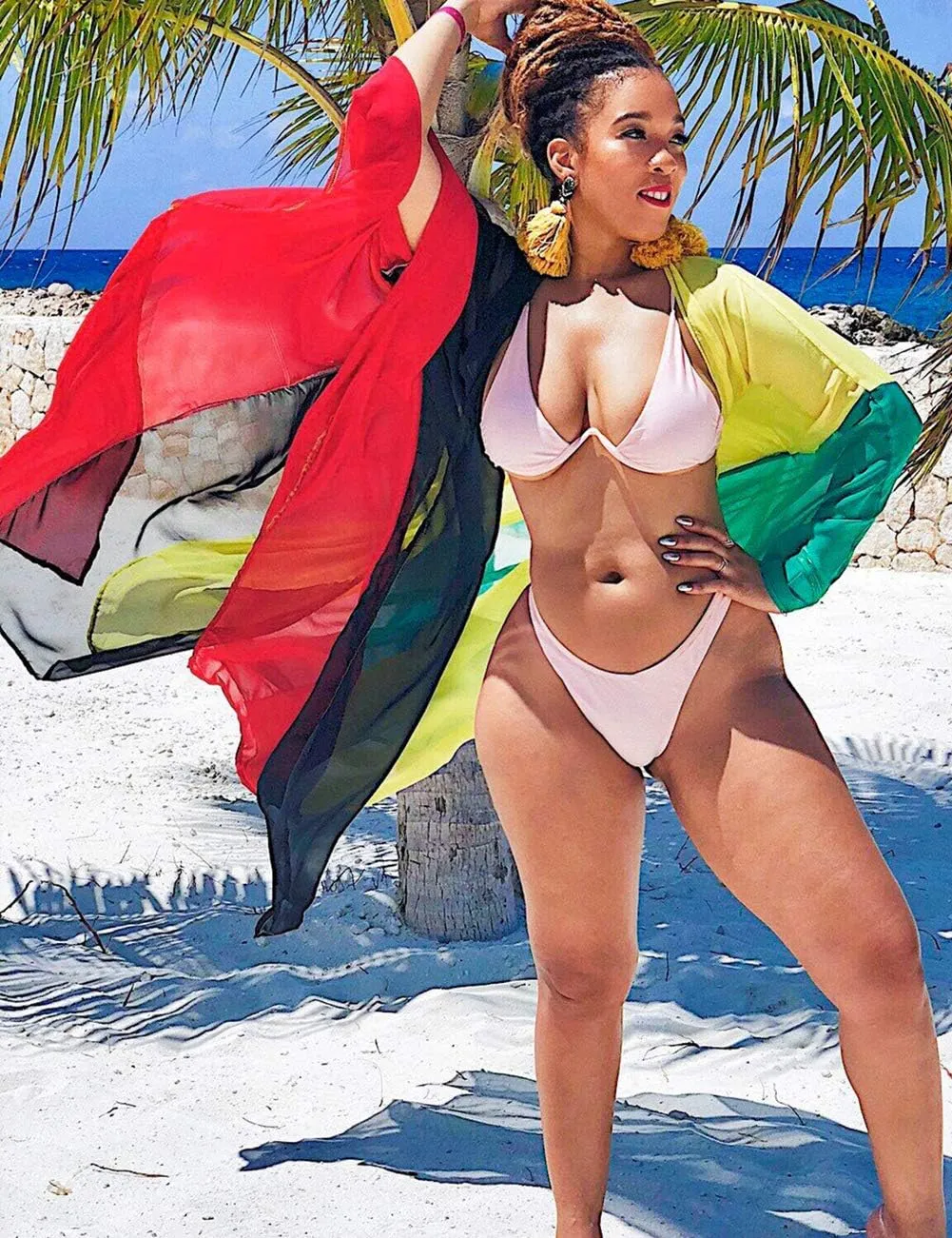 Bsubseach Plus Size Women Chiffon Beach Bikini Cover Up Colorful Splicing Kimono Cardigan