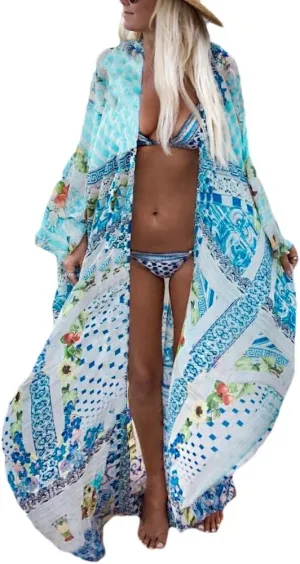 Bsubseach Womens Multicolor Print Long Chiffon Beach Blouses Cardigan Kimono Bikini Cover Up Swimwear Kaftan