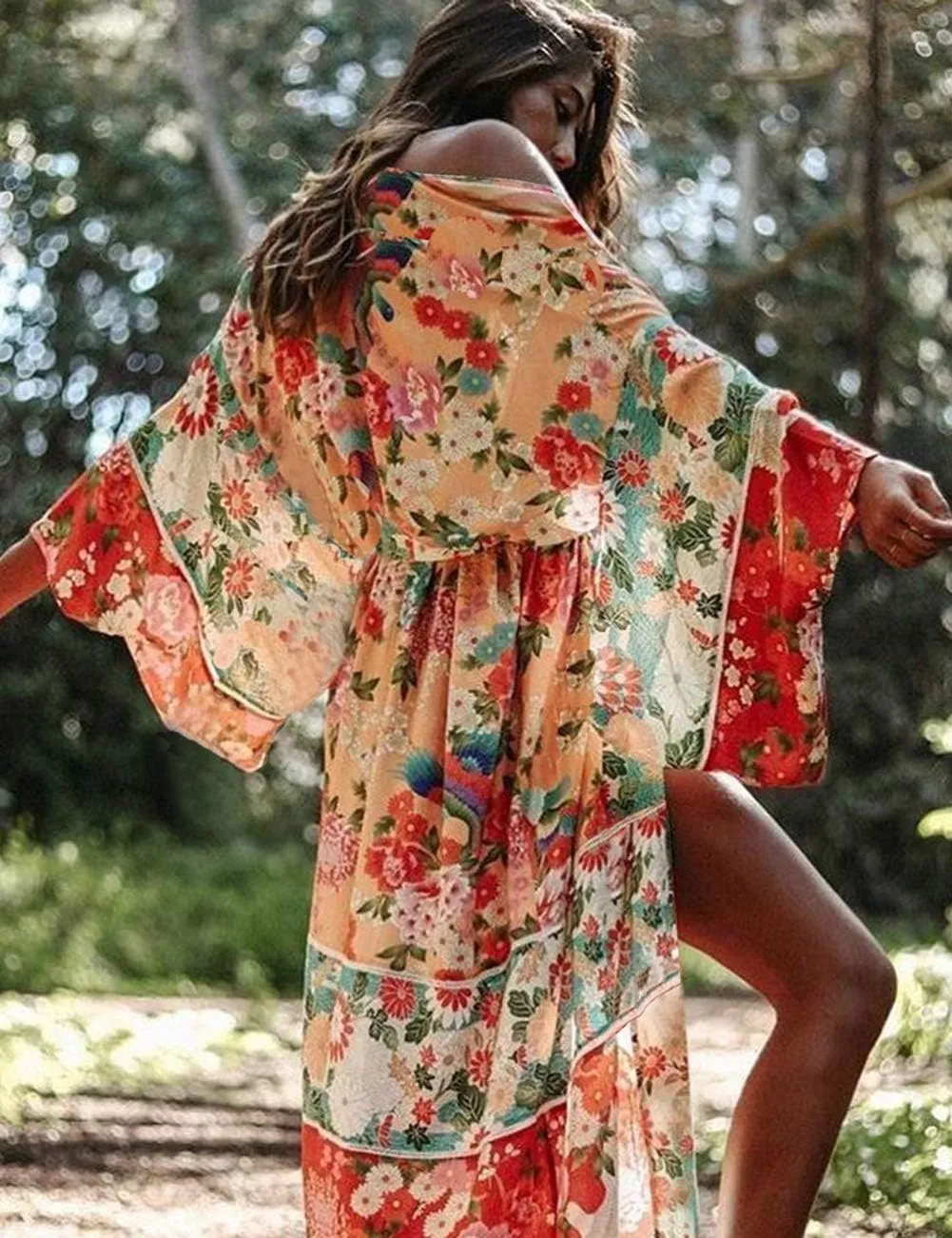 Bsubseach Womens Multicolor Print Long Chiffon Beach Blouses Cardigan Kimono Bikini Cover Up Swimwear Kaftan