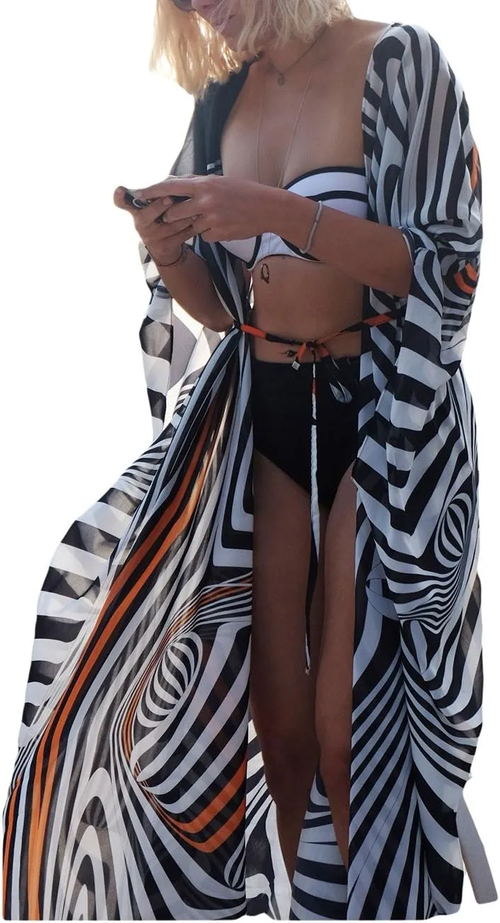 Bsubseach Womens Multicolor Print Long Chiffon Beach Blouses Cardigan Kimono Bikini Cover Up Swimwear Kaftan