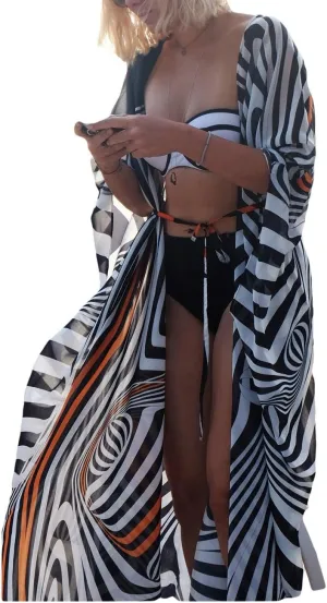 Bsubseach Womens Multicolor Print Long Chiffon Beach Blouses Cardigan Kimono Bikini Cover Up Swimwear Kaftan
