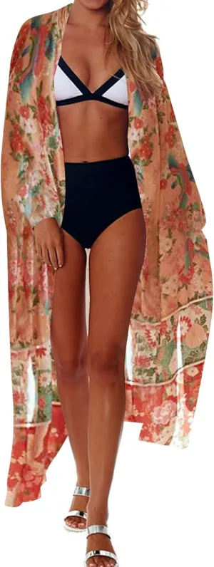 Bsubseach Womens Multicolor Print Long Chiffon Beach Blouses Cardigan Kimono Bikini Cover Up Swimwear Kaftan