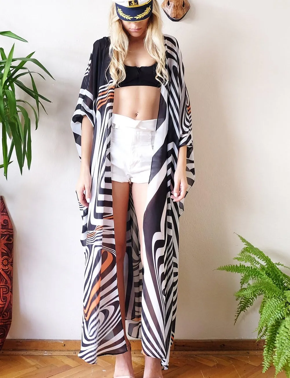 Bsubseach Womens Multicolor Print Long Chiffon Beach Blouses Cardigan Kimono Bikini Cover Up Swimwear Kaftan