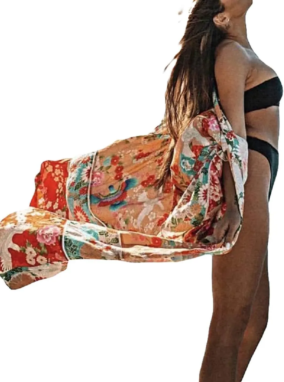 Bsubseach Womens Multicolor Print Long Chiffon Beach Blouses Cardigan Kimono Bikini Cover Up Swimwear Kaftan