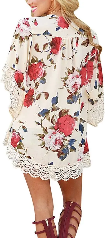 Camisunny Women Chiffon Printed Cardigan Kimono Robe Tops Beach Bikini Cover up Blouse