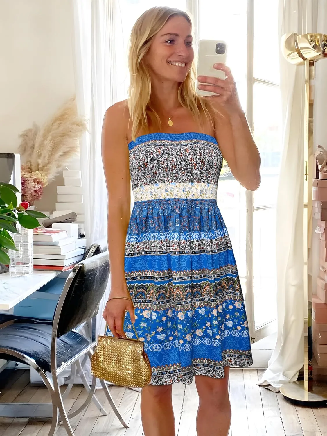 CHICGAL Summer Dresses for Women Beach Cover Ups Strapless Boho Floral Print Sundress