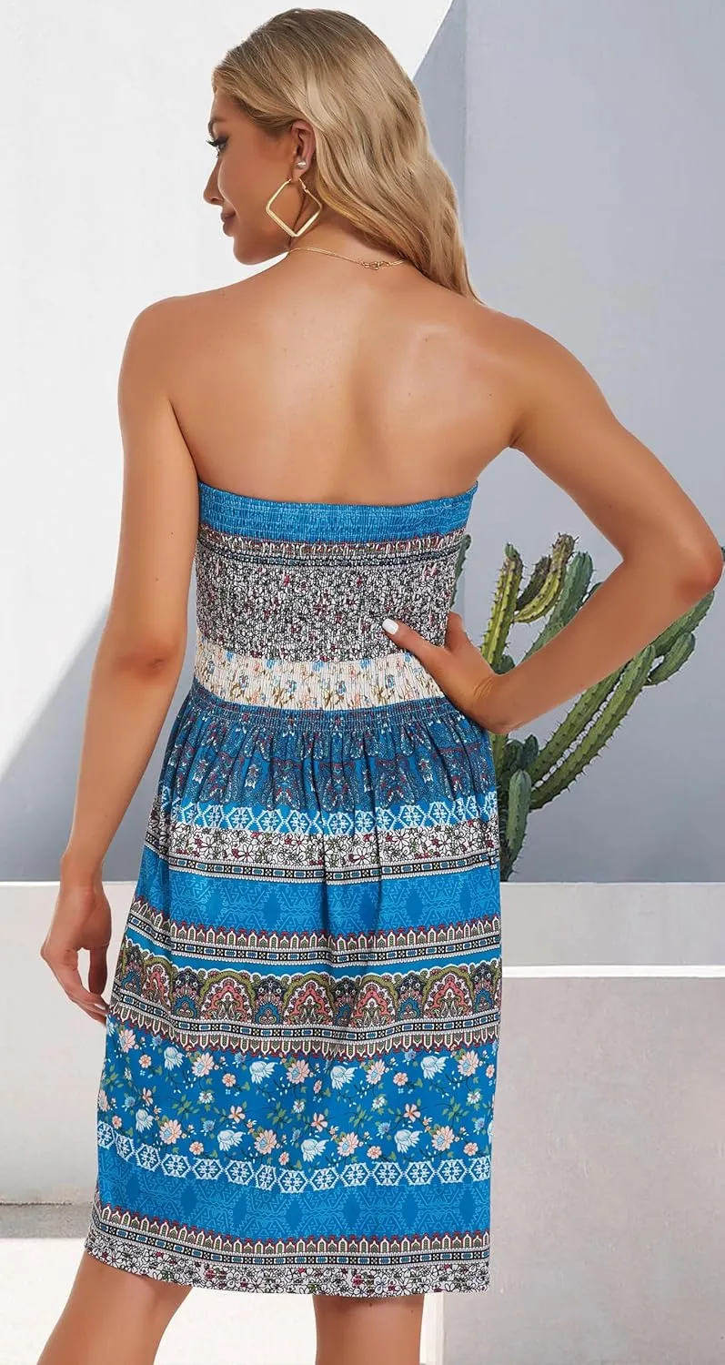 CHICGAL Summer Dresses for Women Beach Cover Ups Strapless Boho Floral Print Sundress