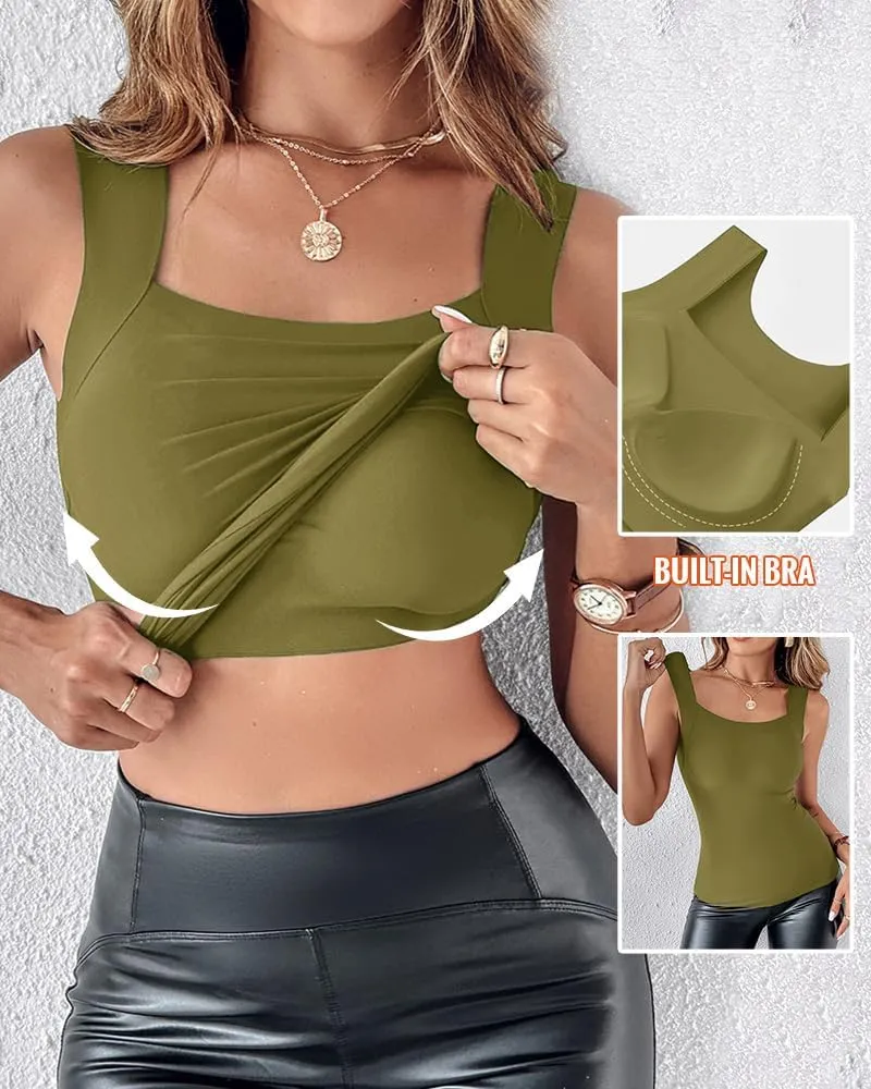 CHICME Womens U Neck Shapewear Built-in Bra Tank High Strechy Sleeveless Slim Fit Tops Camisole Workout Tops