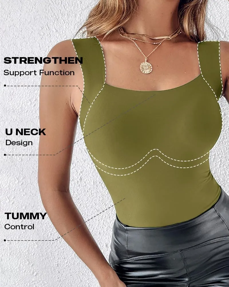 CHICME Womens U Neck Shapewear Built-in Bra Tank High Strechy Sleeveless Slim Fit Tops Camisole Workout Tops