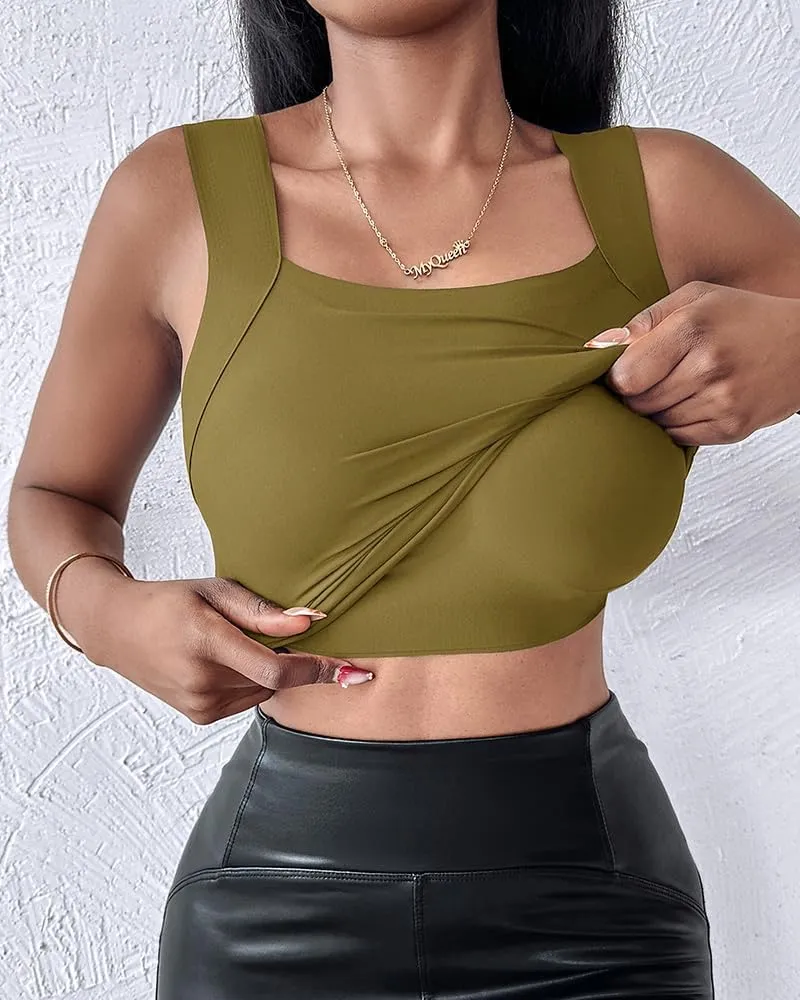 CHICME Womens U Neck Shapewear Built-in Bra Tank High Strechy Sleeveless Slim Fit Tops Camisole Workout Tops