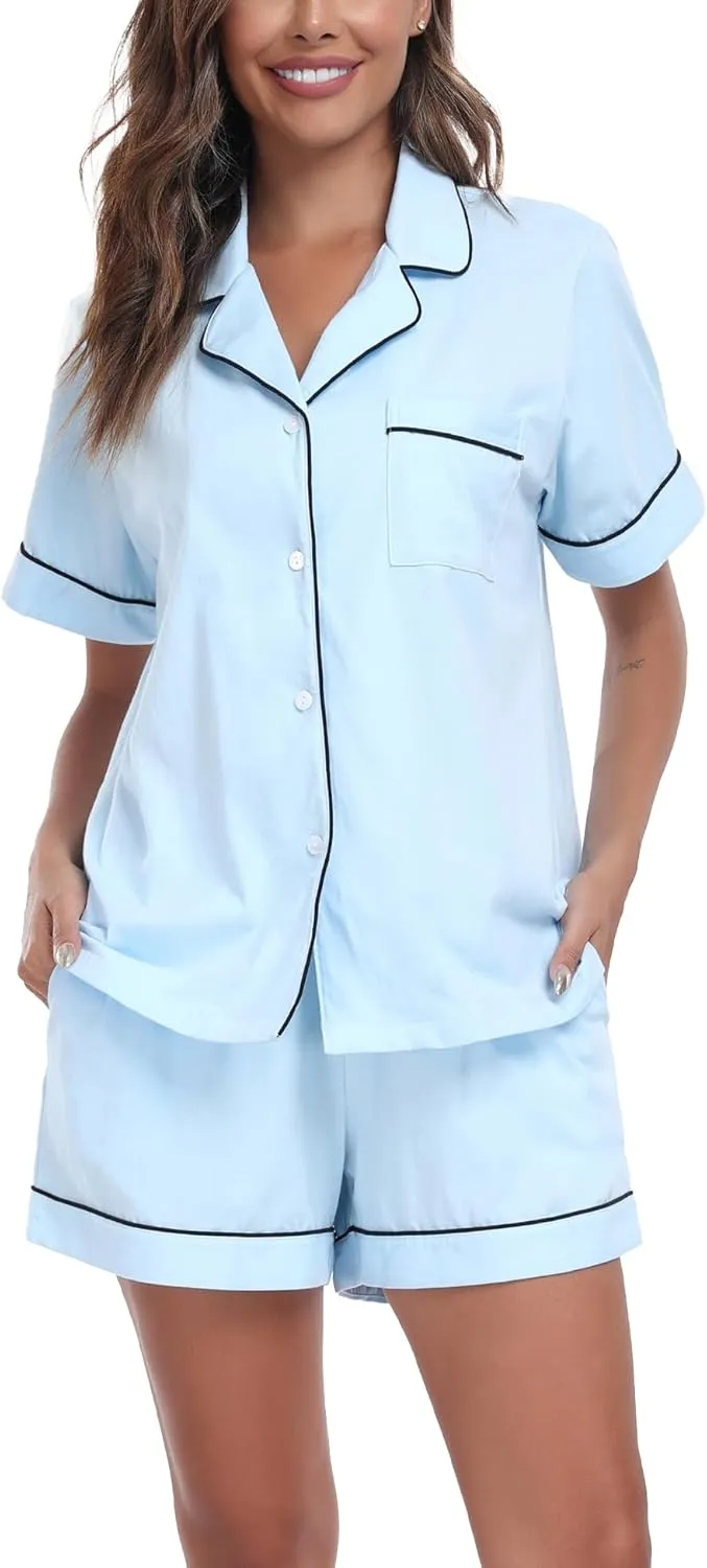COLORFULLEAF Womens 100% Cotton Pajamas Short Set Soft Short Sleeve Sleepwear Button Down Summer Pjs Set with Pockets S-XXL