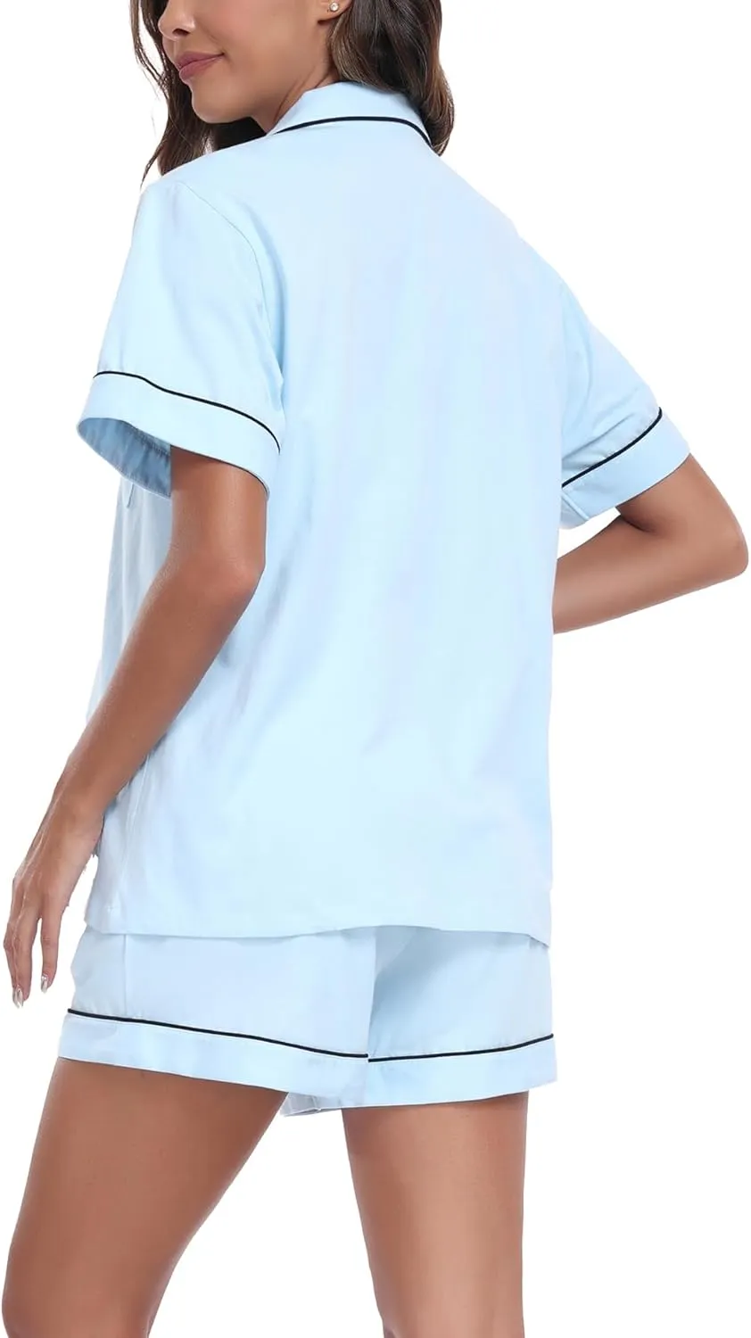 COLORFULLEAF Womens 100% Cotton Pajamas Short Set Soft Short Sleeve Sleepwear Button Down Summer Pjs Set with Pockets S-XXL