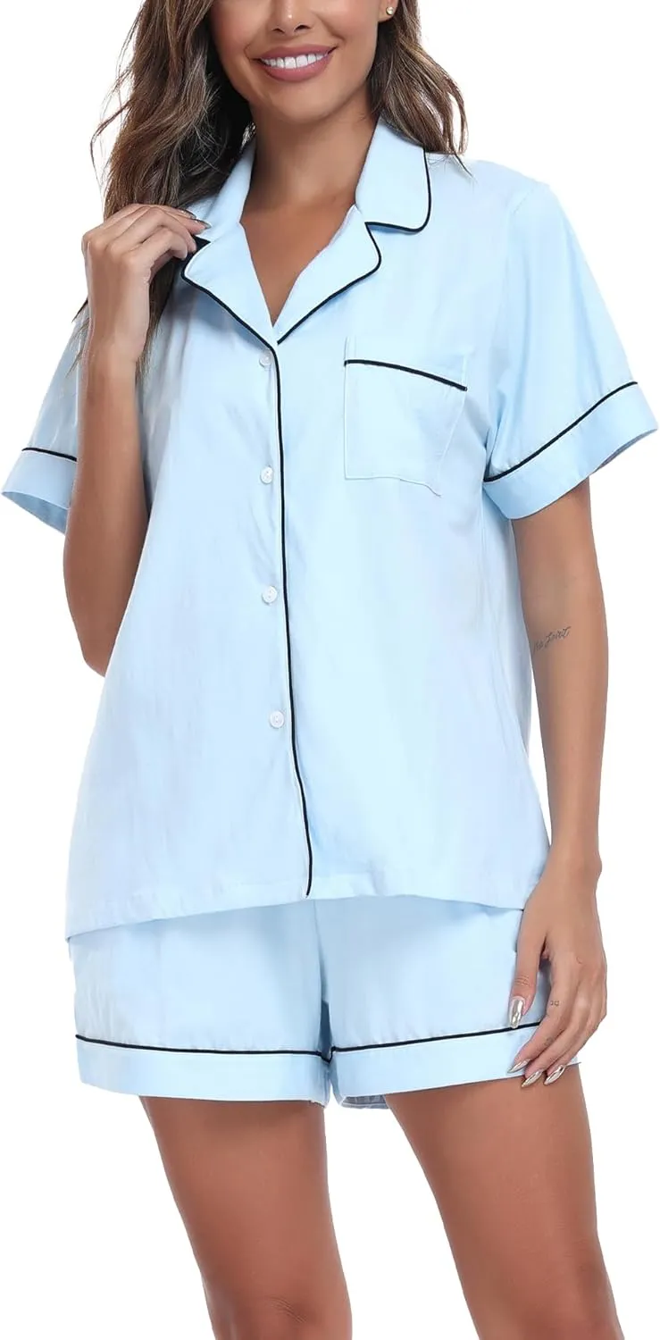 COLORFULLEAF Womens 100% Cotton Pajamas Short Set Soft Short Sleeve Sleepwear Button Down Summer Pjs Set with Pockets S-XXL
