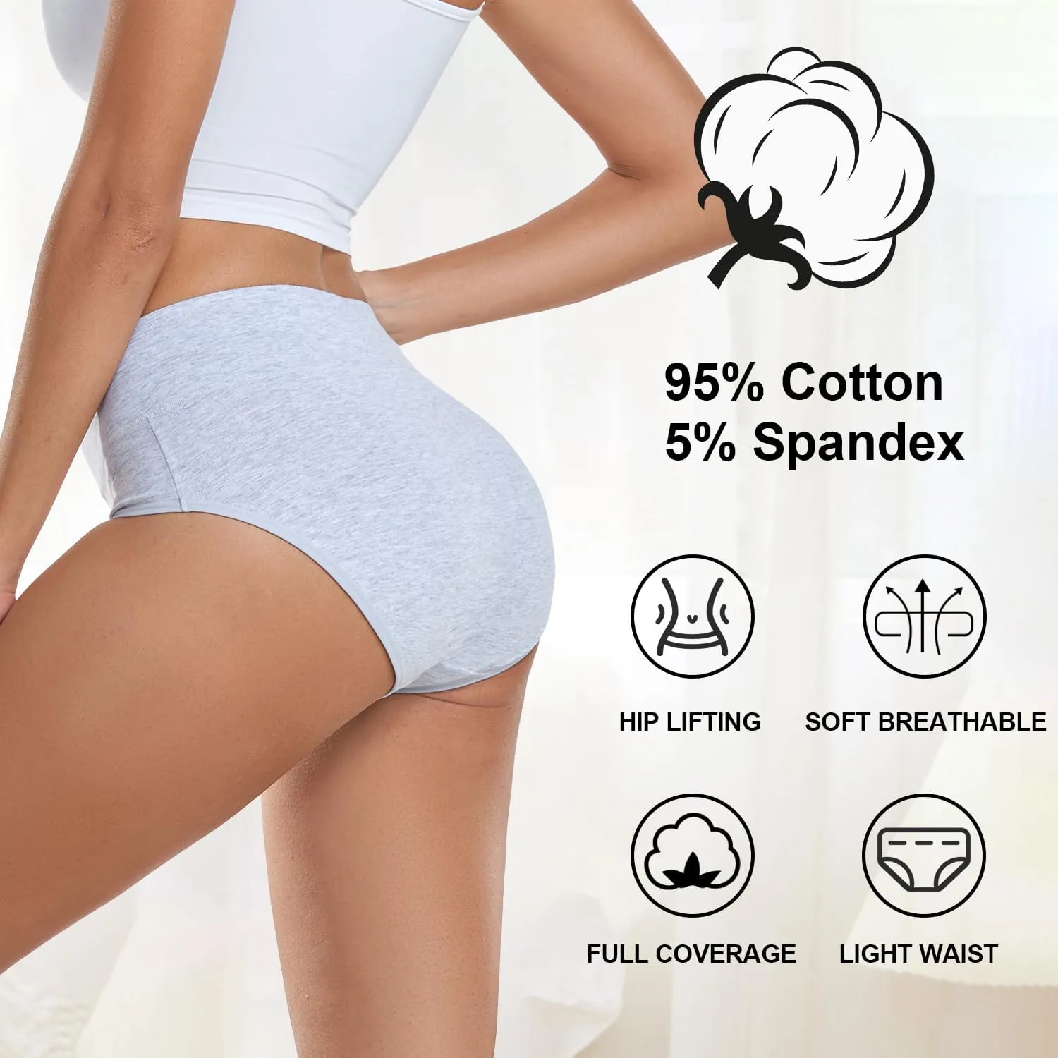 coskefy Women's High Waisted Cotton Underwear Soft Breathable Panties Stretch Briefs Ladies Panties 5 Pack