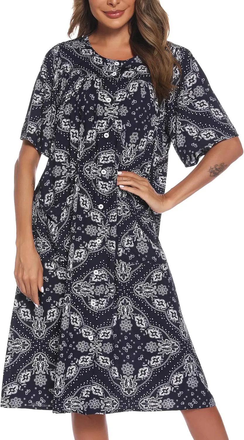 COSUNIONY House Dresses for Women Cotton Short Sleeve House Coat Buttons Down Dusters Robe with Pockets S-XXL