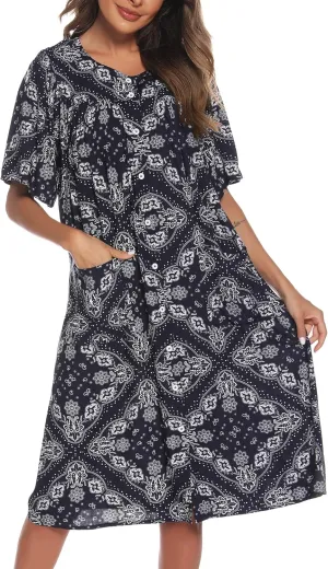 COSUNIONY House Dresses for Women Cotton Short Sleeve House Coat Buttons Down Dusters Robe with Pockets S-XXL
