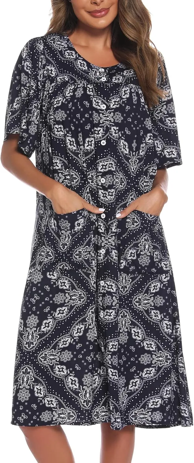 COSUNIONY House Dresses for Women Cotton Short Sleeve House Coat Buttons Down Dusters Robe with Pockets S-XXL
