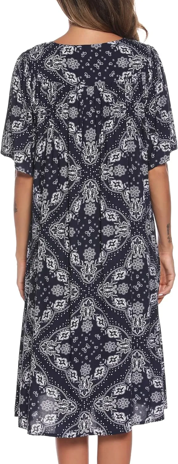COSUNIONY House Dresses for Women Cotton Short Sleeve House Coat Buttons Down Dusters Robe with Pockets S-XXL