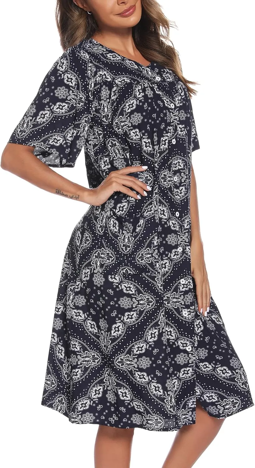 COSUNIONY House Dresses for Women Cotton Short Sleeve House Coat Buttons Down Dusters Robe with Pockets S-XXL